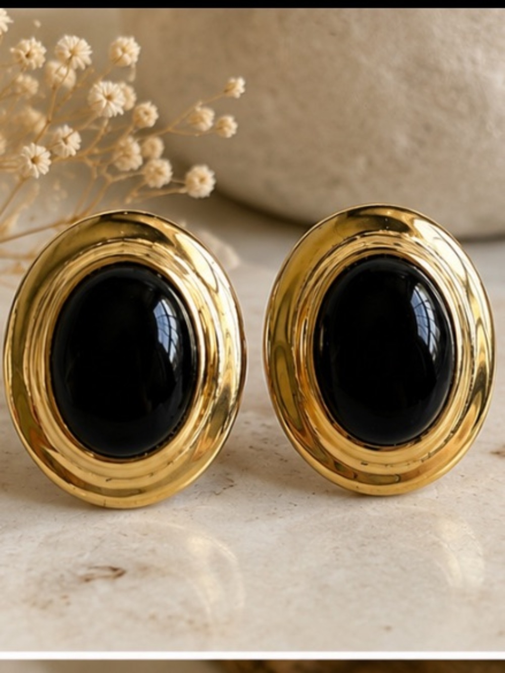 Vintage Gold Plated Black Oval Cabochon Clip On Earrings Signed W Statement